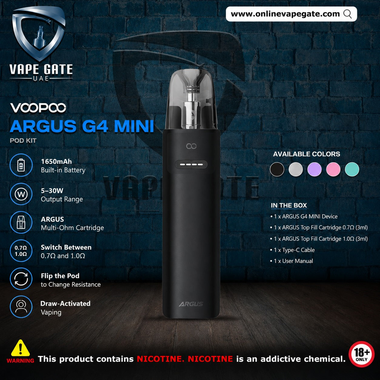 Argus Mini G4 30W Pod System Kit 1650mAh Vape Delivery UAE