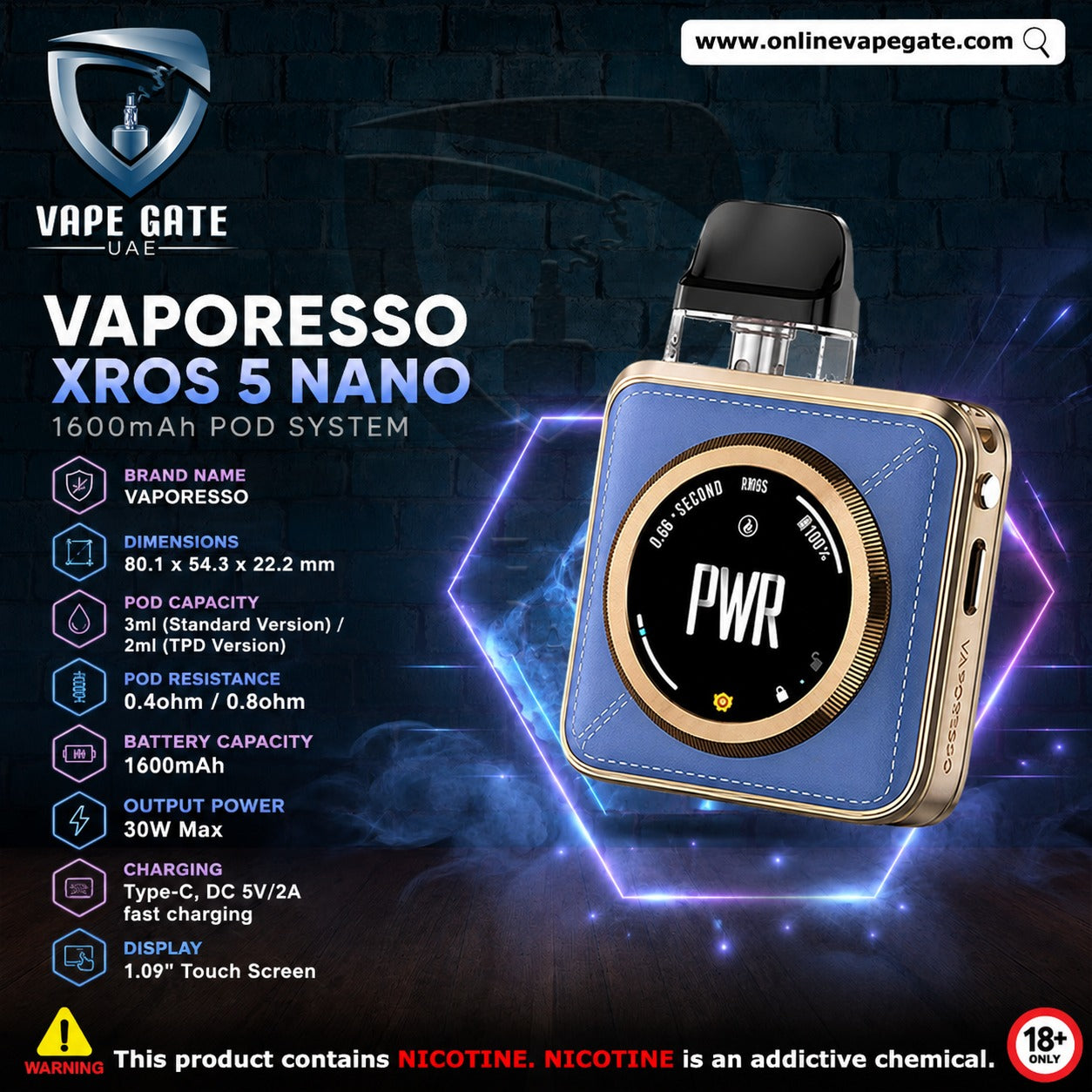 VAPORESSO XROS 5 NANO 1600mAh POD SYSTEM Abu Dhabi, Dubai, Sharjah, Ajman, Al Ain, KSA Delivery